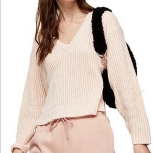 Topshop Crop V-neck Ribbed Sweater Pink Size XL